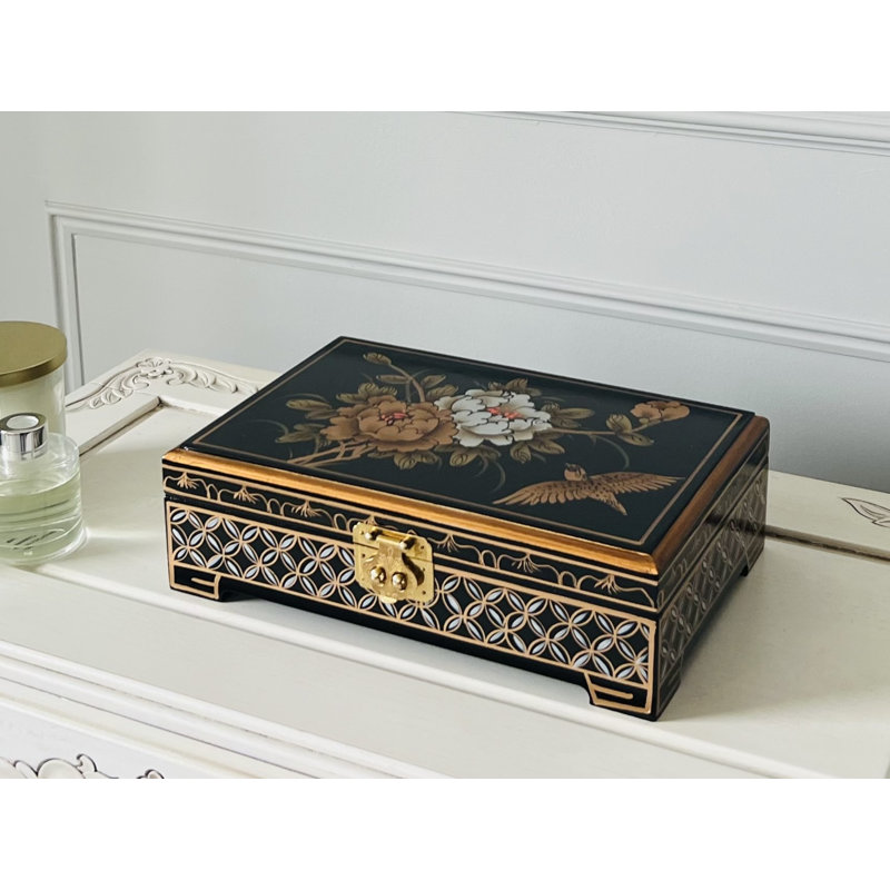 Hand Painted Flower and Bird Jewellery Box, White