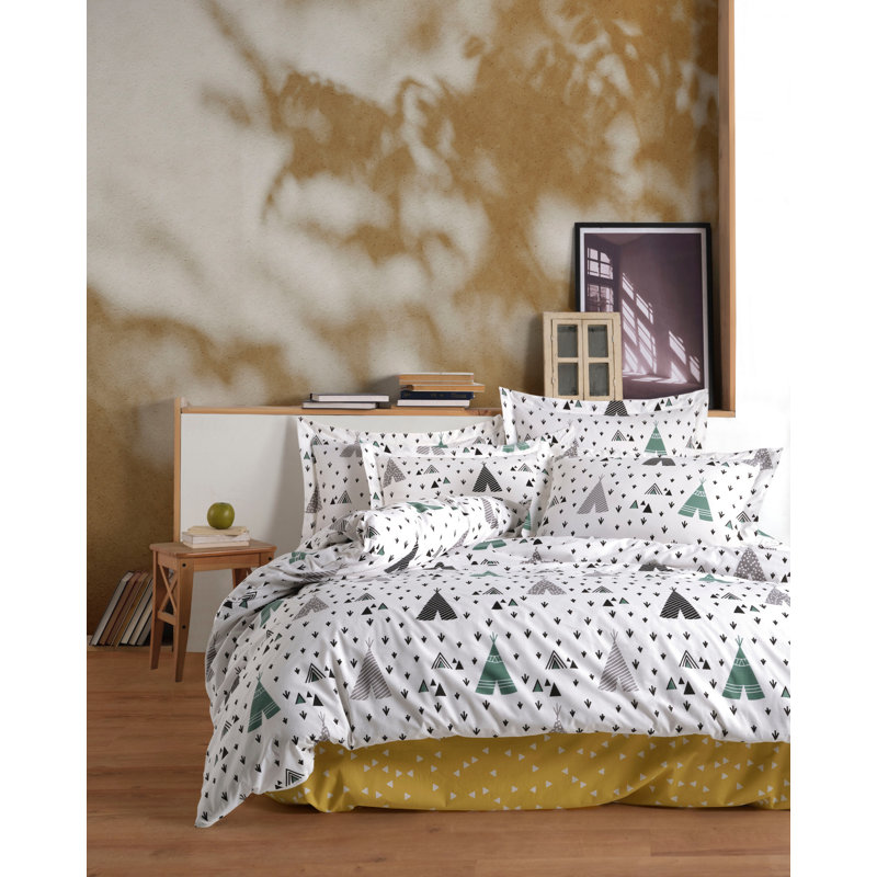 Ensemble de housse de couette 100% coton blanc / vert, Housse de couette très grand + 2 taies d'oreiller