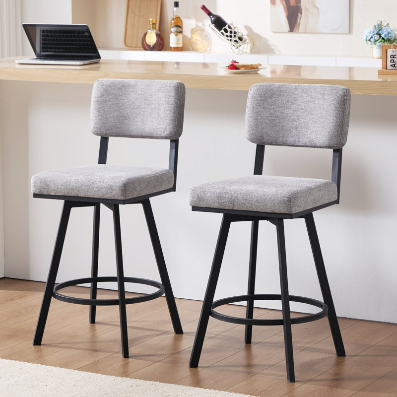 Bronson 26.6" Industrial Swivel Counter Stool with Rectangular Back and Metal Frame, Gray