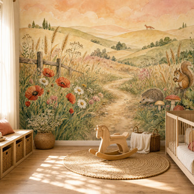 Papier peint aquarelle paysage Rolling Hills amovible livre de contes campagne