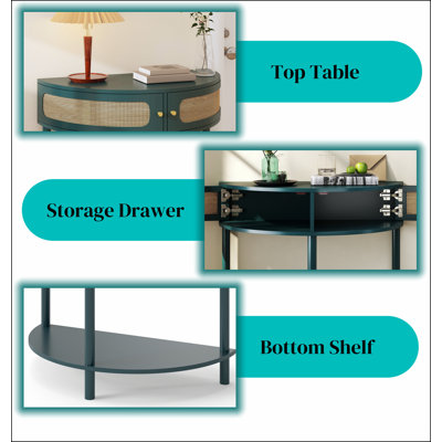 Unique Half Moon Design End Table with Sliding Rattan Door,Elegant Semi-circle Entryway Console Table with 2 Rattan Storage Cabinet and Bottom Shelf for Living room, Bedroom, Study, Hallway(Green)
