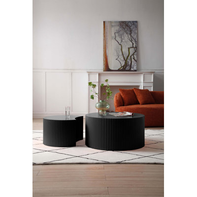 Ensemble de 2 tables gigognes élégantes en bois aggloméré noir, de forme ronde et demi-lune, aucun assemblage requis, parfait pour les espaces de vie modernes