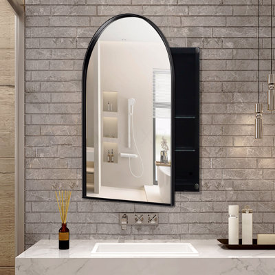 24X36 Inch Arched Recessed Medicine Cabinet, Metal Framed Bathroom Wall Cabinet With Mirror And Adjustable Shelves, Wall Mirror With Storage