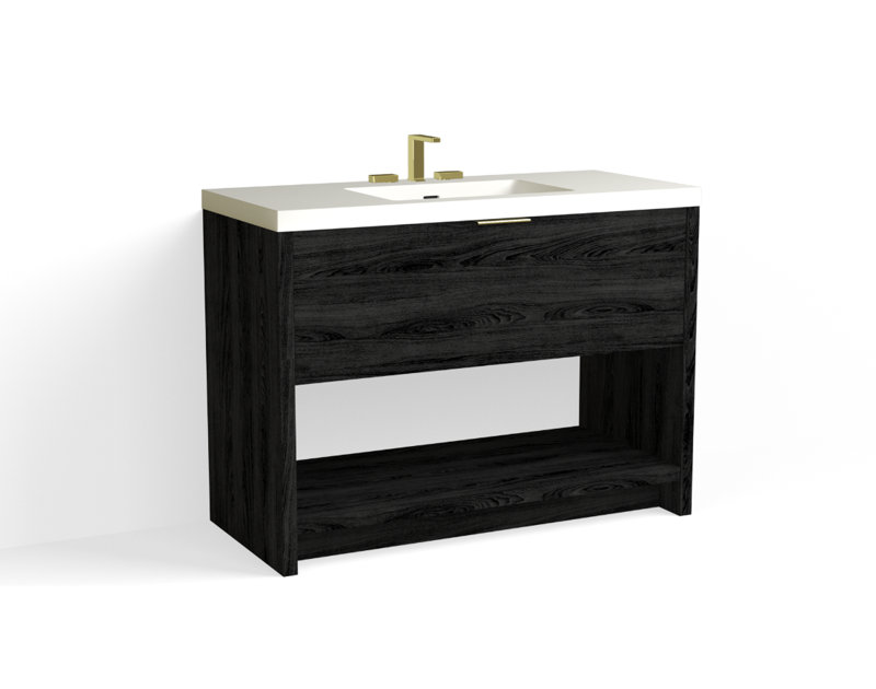 Vista 48" W Freestanding Single Bathroom Vanity, White Matte, Charred/Satin Brass, 8" Widespread