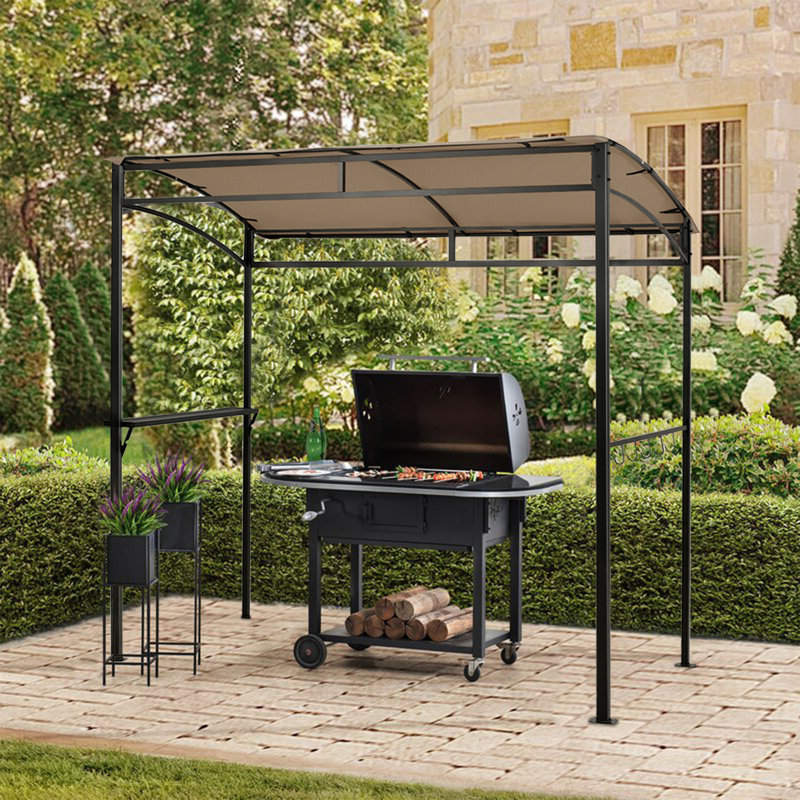 Outdoor 7 Feet Grill with Serving Shelf and Storage Hooks, Brown