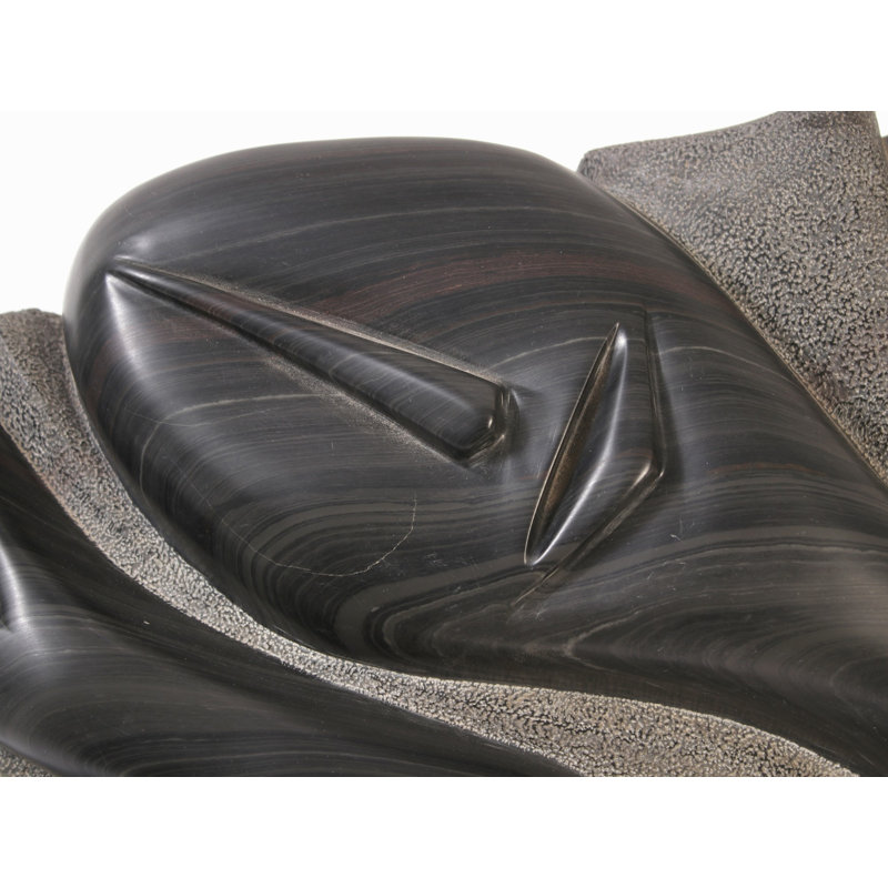 Modern Abstract Black Stone Sculpture – “Repose” on Marble Base, Contemporary Tabletop Art Decor