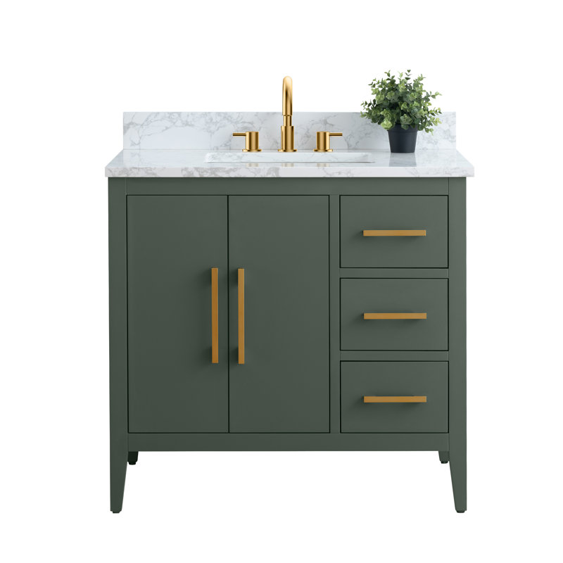 Meuble-lavabo simple 36 po avec plateau en marbre Chambery, Vert rétro, Golden Brushed