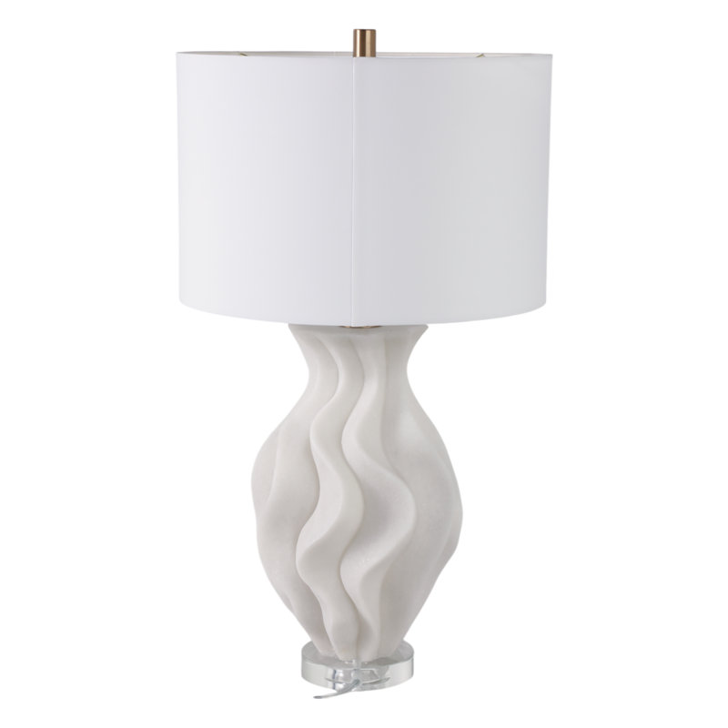 Table Lamp Stone Quartz Wavy Textured Base Fabric Shade Modern Home Office Bedroom Living Room Lighting Fixture Sculptural Design Decorative Accent Single Lamp - 29" White