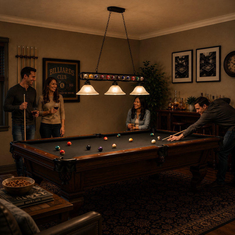 Brough 3 - Pool Table Billiard Ball Linear Pendant By RAM Game Room, Matte Black/White
