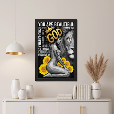 Belle femme avec lion et tournesols, reproduction d'art sur toile tendue sur toile avec citations inspirantes et versets religieux pour espaces d'inspiration intérieure