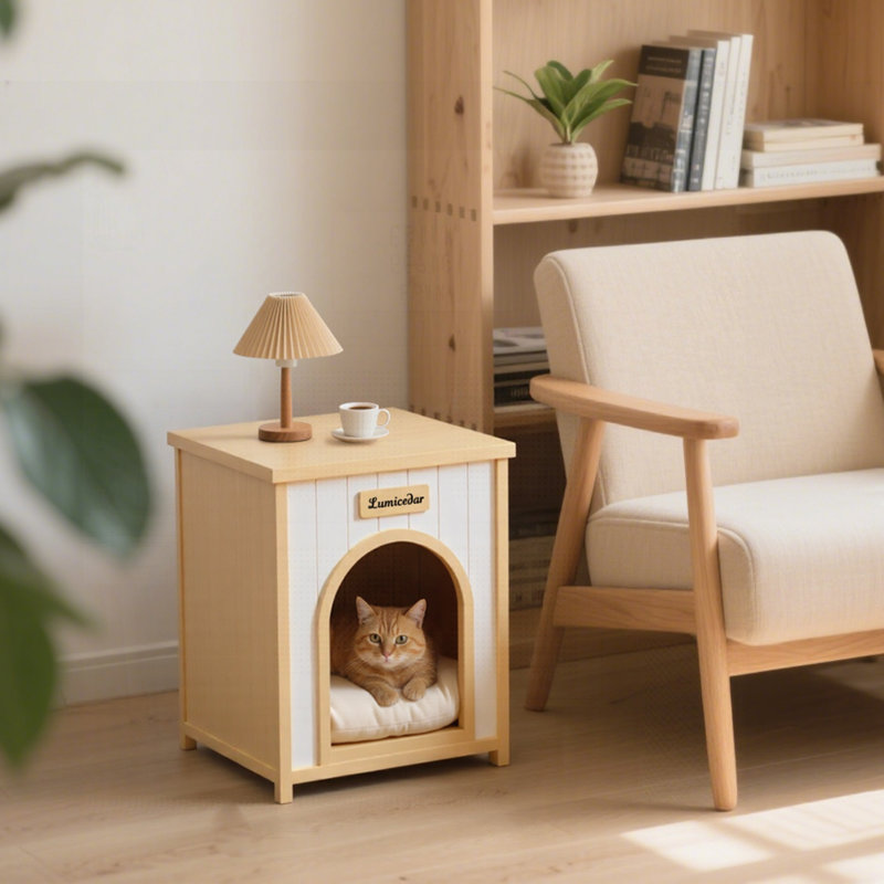 Niche pour chien moderne en bois avec coussin amovible - Maison en cèdre massif pour petits chiens et chats, conception scandinave de qualité meuble