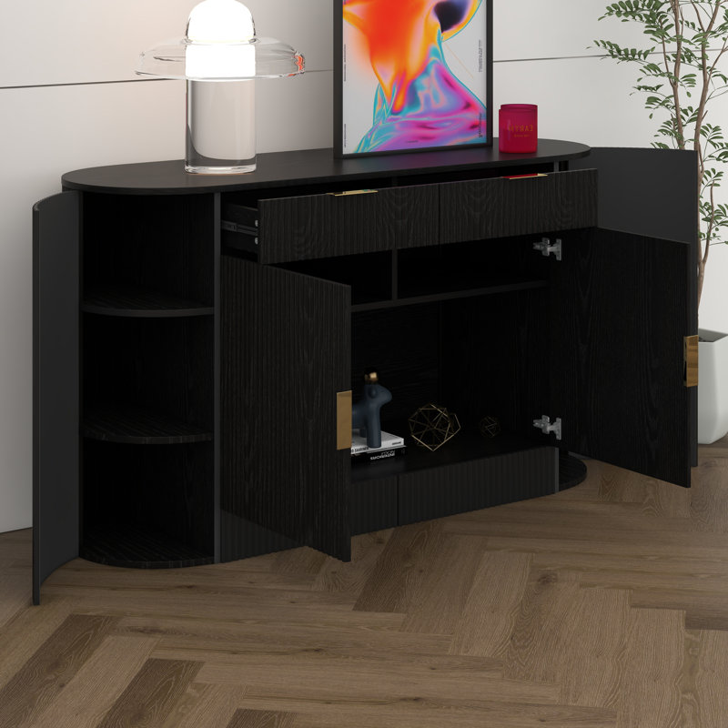 55.1" Sideboard Buffet Cabinet, Curved Storage Cabinet With 2 Doors & 2 Drawers, Curved Side Door & 3-Tier Shelves, Black