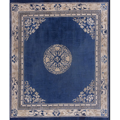 1920s Floral Medallion Wool Antique Hand Knotted Pile Blue Square Rug