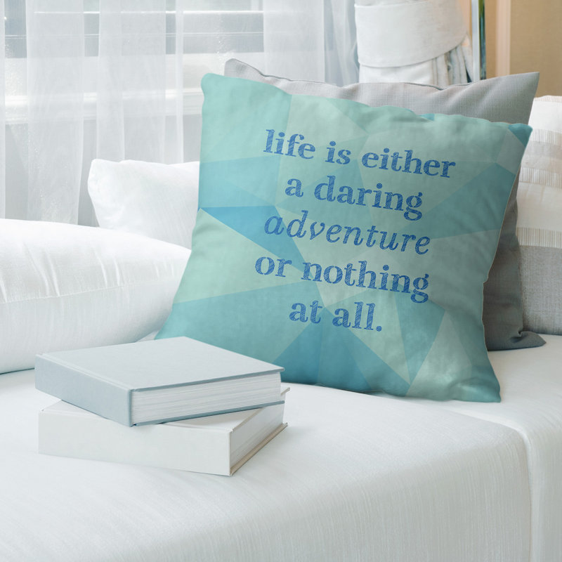 Oreiller en fausse pierre-citation vie adventure, 20 po x 20 po, Bleu zircon