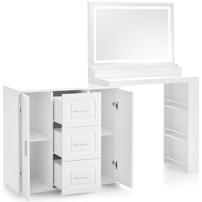 59" Makeup Vanity Desk with Mirror, Vanity Mirror with Lights, Dressing Table with 3 Drawers and 2 Cabinets, Vanity Table with Storage Shelves for Bedroom, White