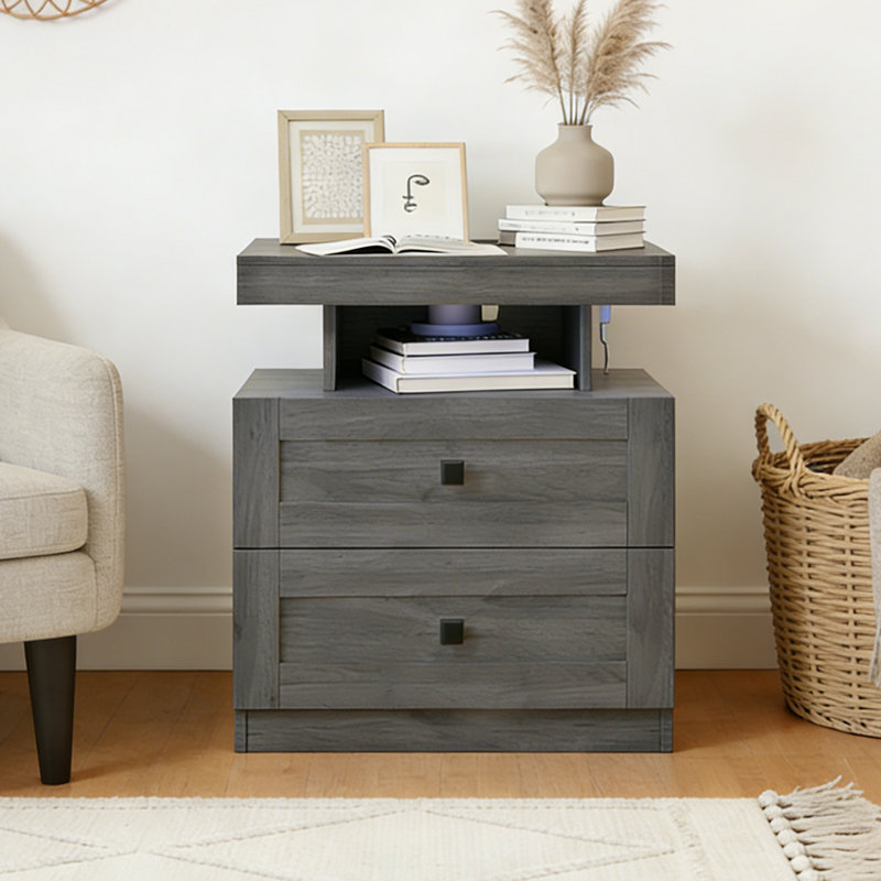 Farmhouse LED Nightstand Set Of 2, Bedroom Side Table With Charging Station, Rustic End Table With Drawers For Bedroom, Gray