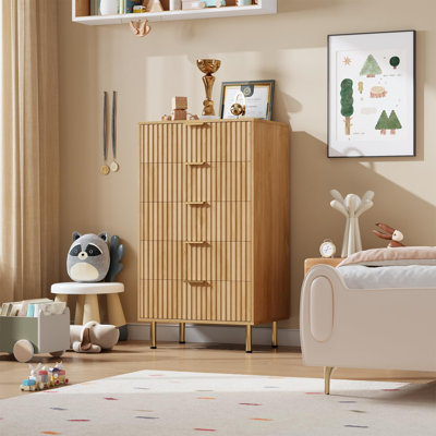 Fluted 5 Drawer Modern Dresser, 48" Tall Wooden Storage Organizer for Bedroom Living Room Hallway