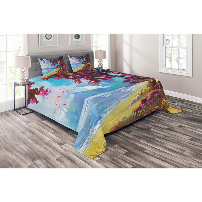 Seascape Coastal Polyester Coverlet, Queen Bedspread + 2 Shams
