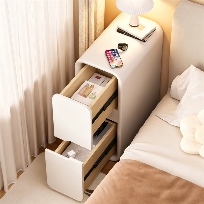 Modern Narrow Off-White Nightstand 2-Drawer Small Bedside Table with PU Leather No-Assembly , Cream White