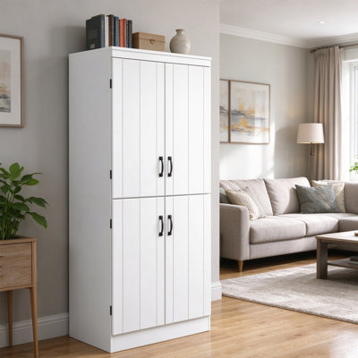 4-door tall kitchen cupboard, freestanding 6-tier storage cabinet with 2 adjustable shelves for living room, dining room, white