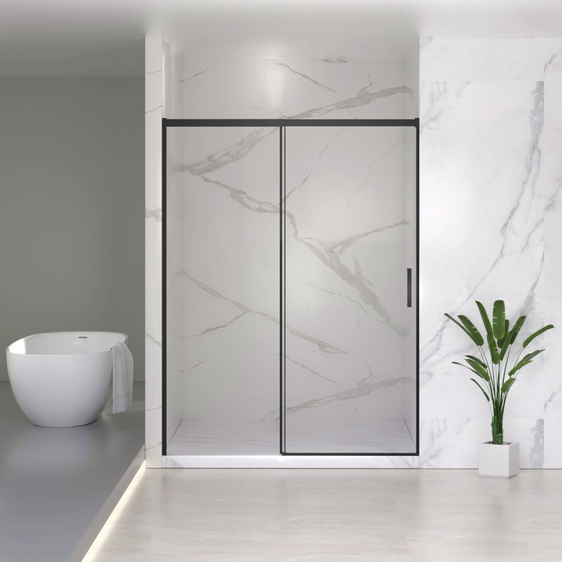 56-60" W X 74" H Semi-Frameless Sliding Shower Door, 1/4" (6Mm) Clear Sgcc Tempered Glass, Matte Black Finished, Adjustable Width – No Cutting Required