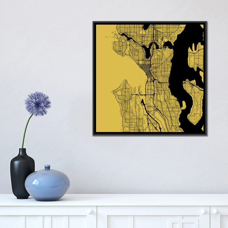 « seattle routes », impression sur toile tendue, H 18 po x l 18 po x P 1,5 po, Toile avec cadre noir, Pas de tapis