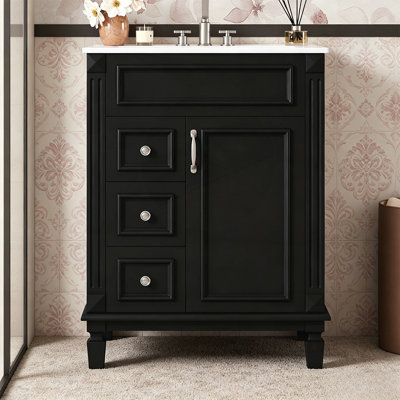 24 Inch Bathroom Vanity with Ceramic Sink, Compact Design, 2 Drawers, Adjustable Shelf for Small Spaces