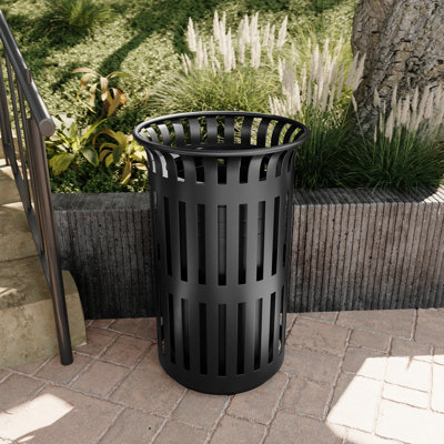 Commercial Outdoor Slatted Steel Trash Can With Removable Inner Bin