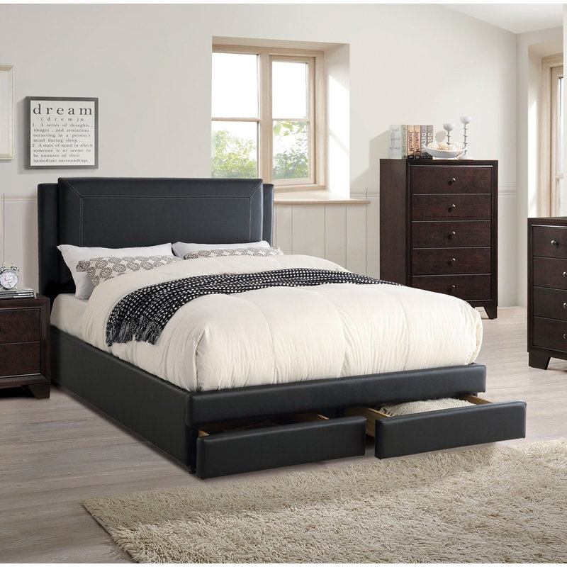 Ensemble de lit 1 pièce noir luxueux avec tiroirs de rangement FB Modern, Grand lit