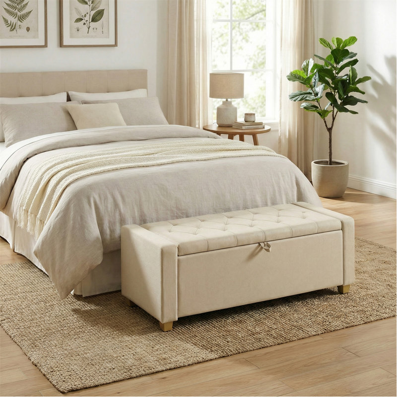 48"W Storage Chest Bench With Legs, Storage Ottoman, End Of Bed Bench With Safety Hinges, Linen-Look Fabric, Beige, Beige