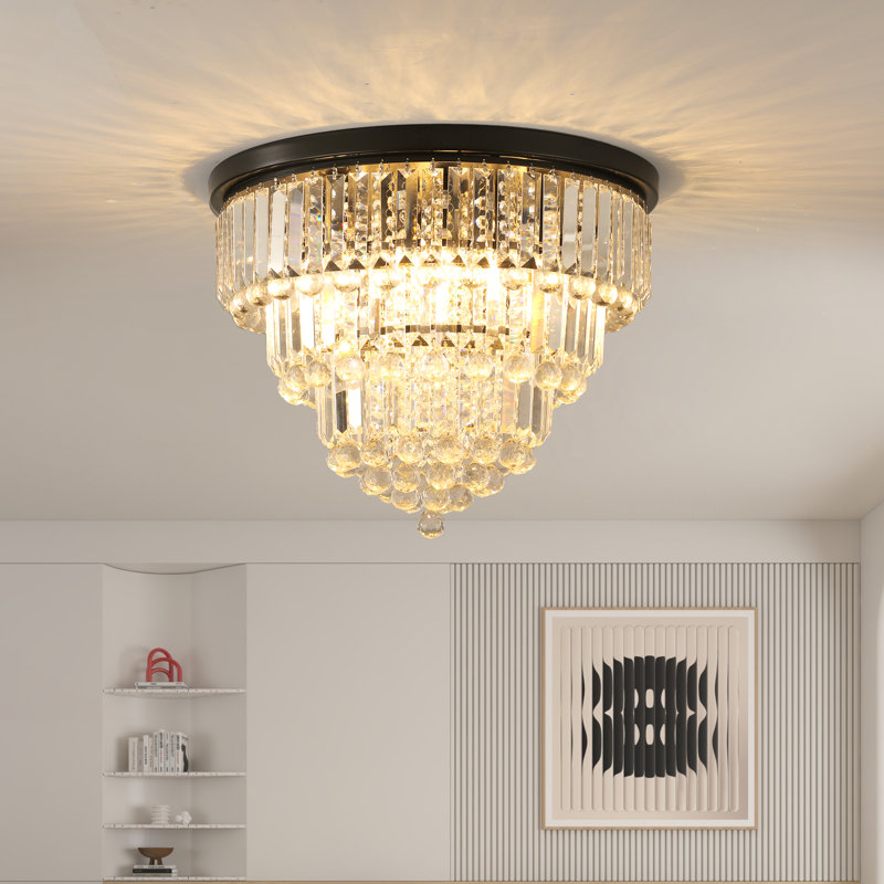   Plafonnier encastré 6 lumières avec lustre en cristal noir 20 ", Noir mat