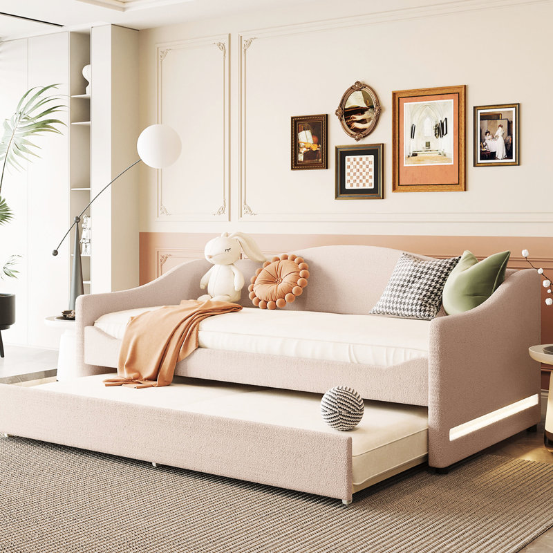 Twin Daybed With Stripes And Beige Fleece Upholstery Trundle Upholstered Size Movable, Beige, Twin