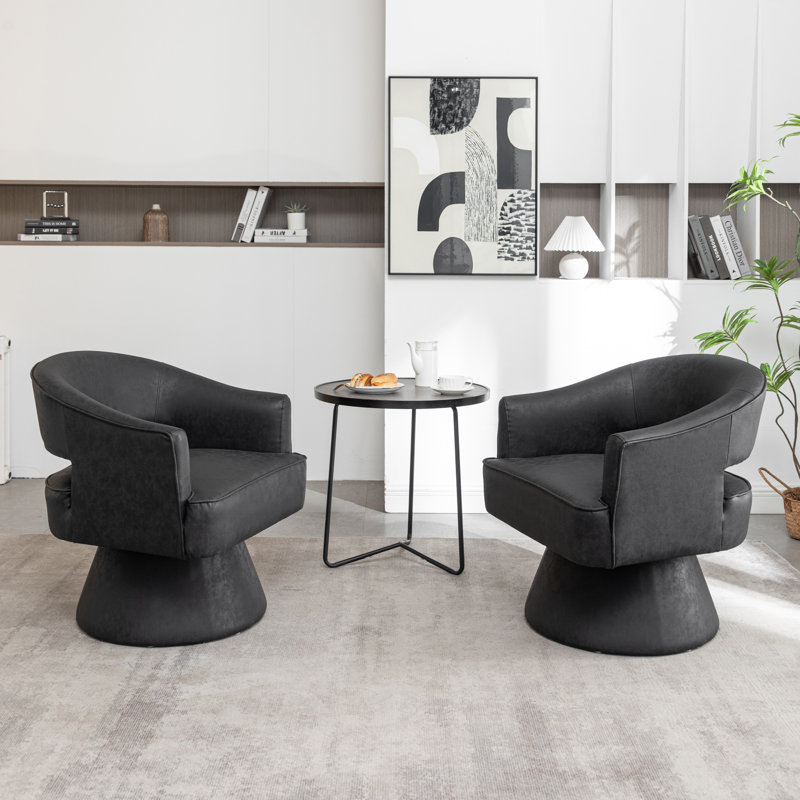 Kiersten Faux Leather Swivel Barrel Chair, Black Faux Leather, 2