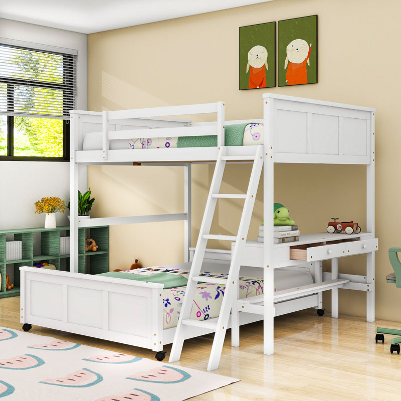 Icaro Wood Bunk Bed with Desk and Drawers, Ladder, Full Over Full, White