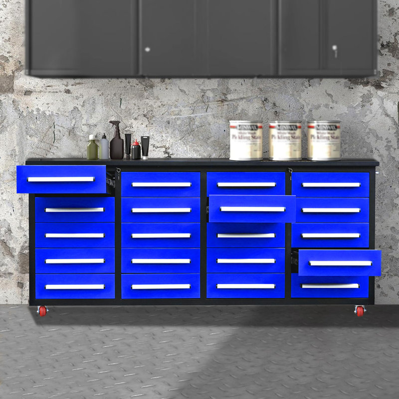 Armoires de rangement 7 pi avec banc de travail (20 tiroirs) bleu, Bleu