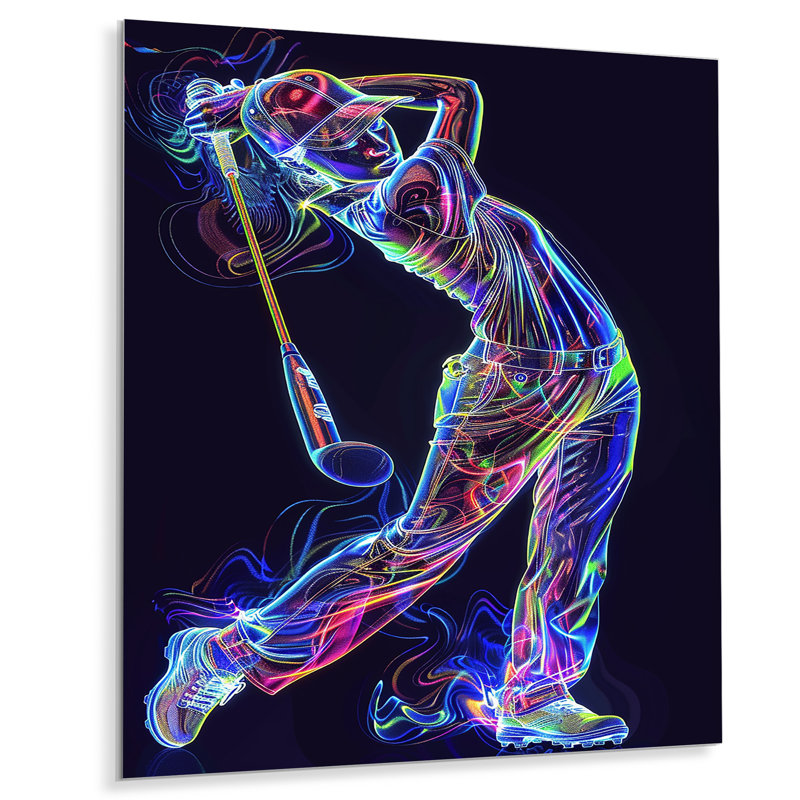 Neon Gold Player Striking - Sport Golf, art mural, H 32 po x l 16 po x P 1 po, Métal métal