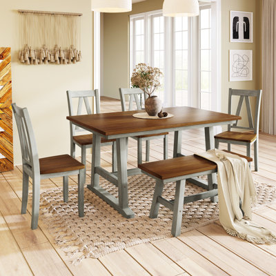 Ensemble de table de salle à manger en bois 6 pièces avec long banc et 4 chaises de style campagnard