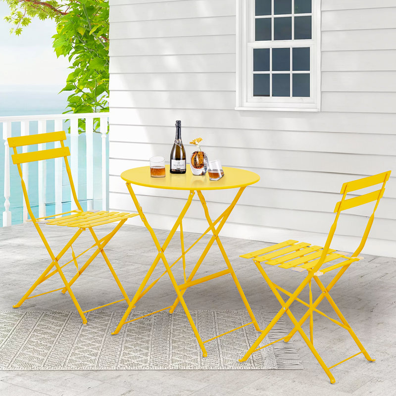 Anshu Iron Table And Folding Chair Set, 2 - Person Round Outdoor Dining Set, Yellow