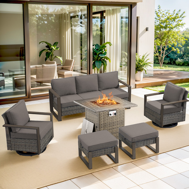 Palomares 6-Piece Outdoor Conversation Set With Swivel Gliders And Square Fire Pit Table, 5-Person Wicker Patio Seating With Sofa & Ottomans
