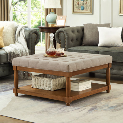 Large Square Upholstered Tufted Linen Ottoman Coffee Table, Large Footrest Ottoman With Solid Wood Shelf- Linen