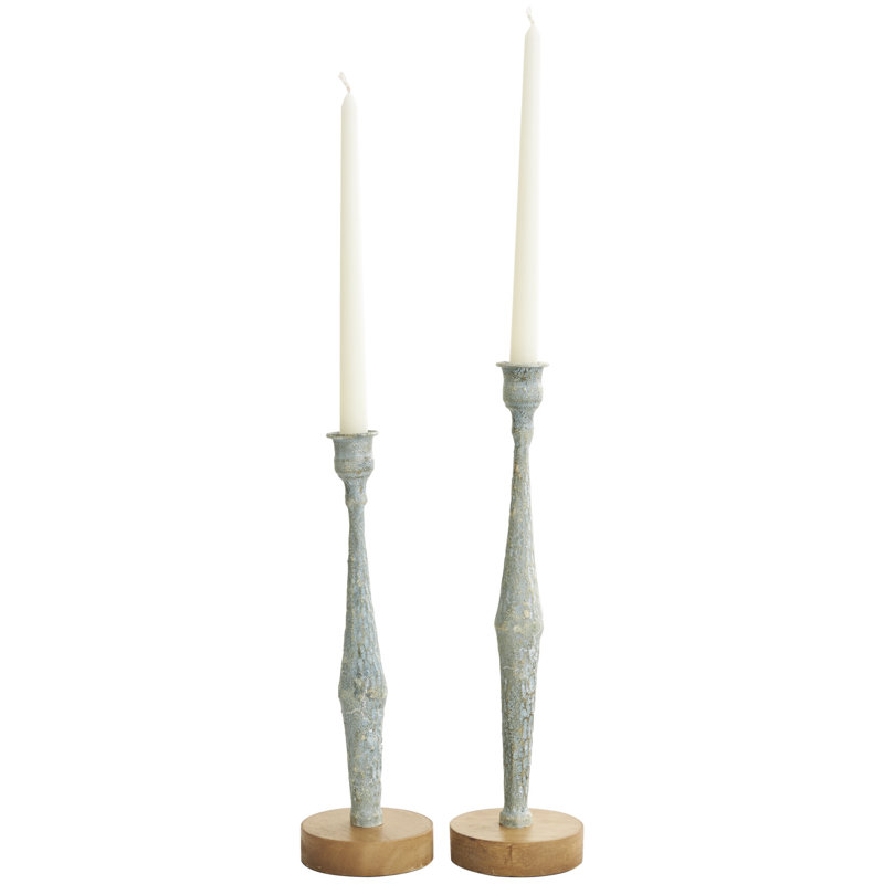 Alia 2 Piece Aluminum Tabletop Candlestick Set, Light Blue