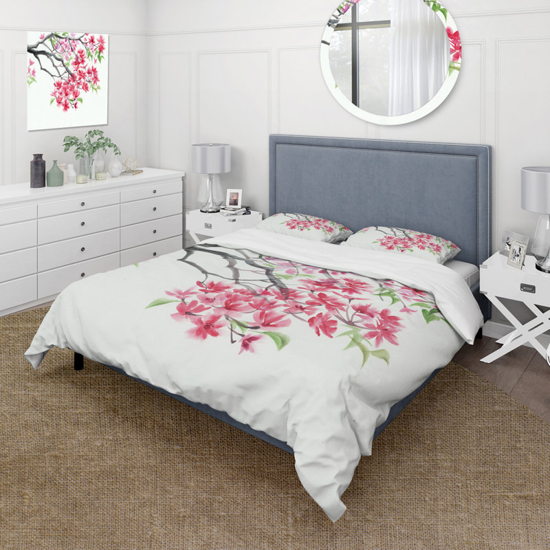 Arbre en fleurs rouges - ensemble de housse de couette traditionnel - microfibre de polyester