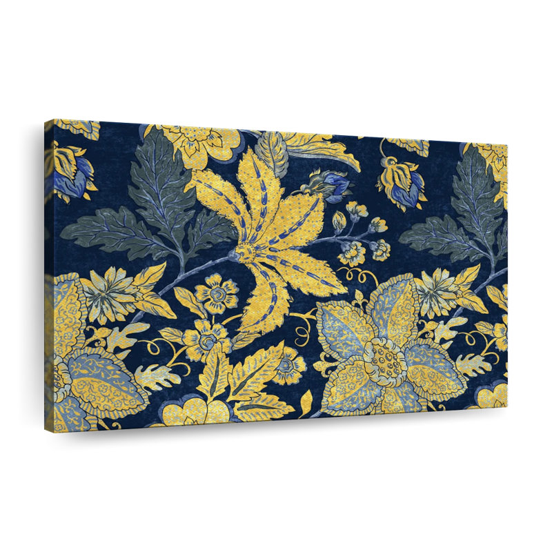 Motif floral bleu et jaune sur toile, H 34 po x l 51 po x P 1,25 po