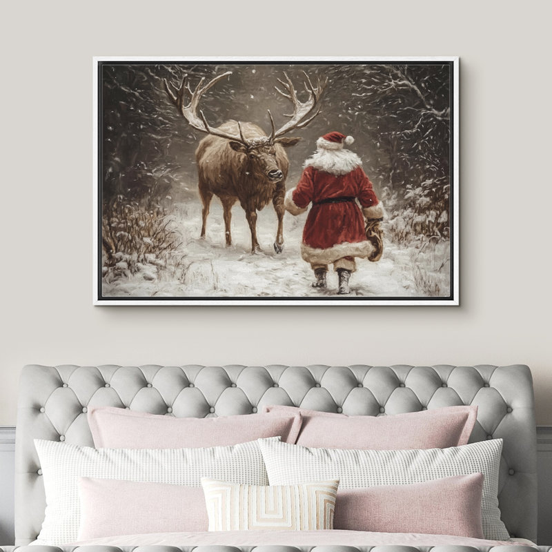 Reproduction d'art sur toile, Noël, père Noël, renne dans la forêt d'hiver, H 16 po x l 24 po, Cadre flottant blanc
