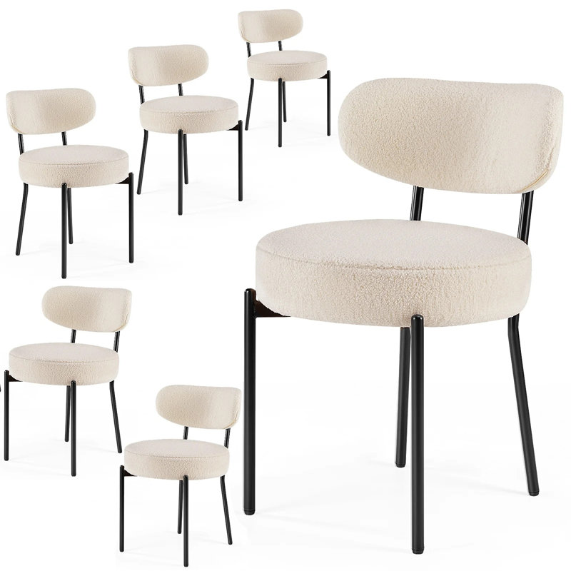 Sherpa Fabric Upholstered Dining Chairs With Backrest For Dining Room, Kitchen, Living Room, Beige, 6