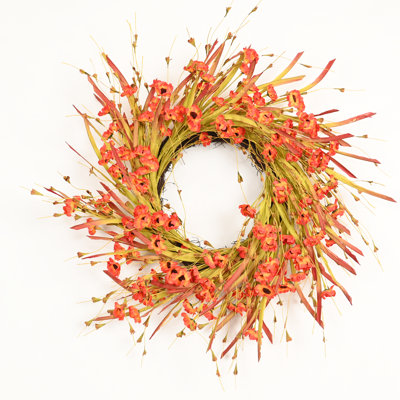 22" Artificial Farmhouse Fall Harvest Greenery Grass Poppy Floral Wreath for Front Door Thanksgiving Wall Decor