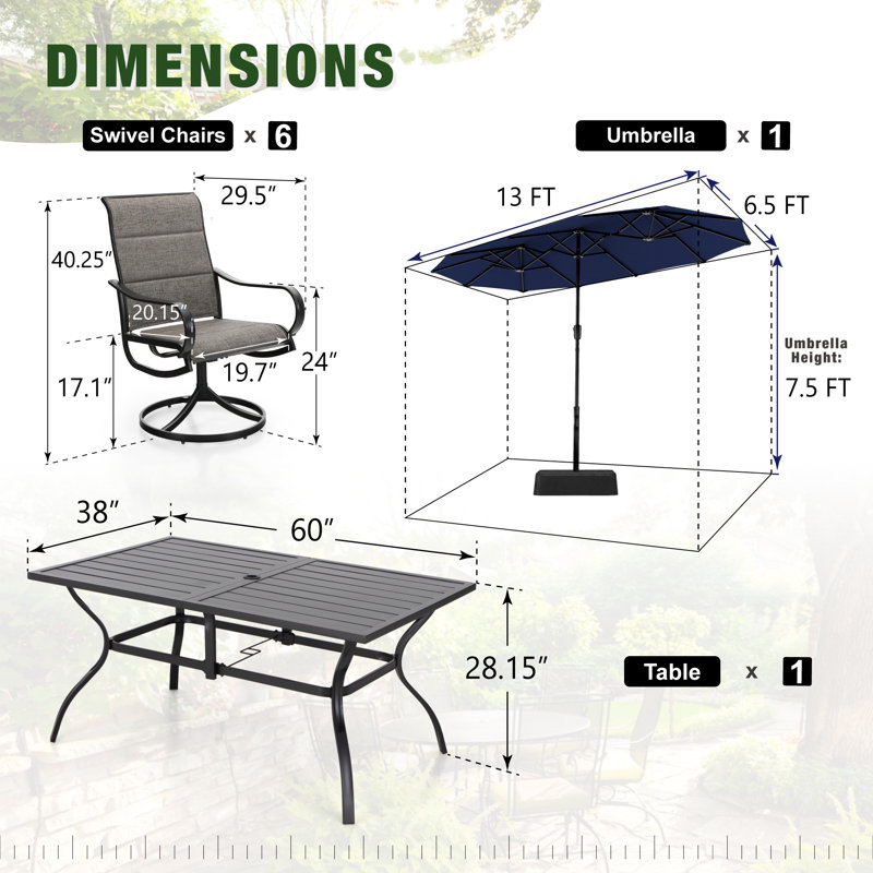 Ensemble de salle à manger rectangulaire pour 6 personnes de 60 po avec parasol Alyah, Bleu marine