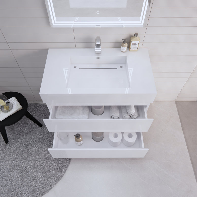 Ensemble de meuble-lavabo mural simple 35 po Babajide, Blanc très luisant