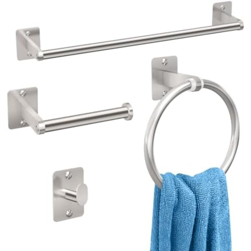Brushed Nickel Bathroom Accessories Set, 4 Pieces Bathroom Hardware Set, 16 Inch Towel Bar, Towel Racks For Bathroom, Robe Towel Hooks, Toilet Paper Holder Wall Mounted