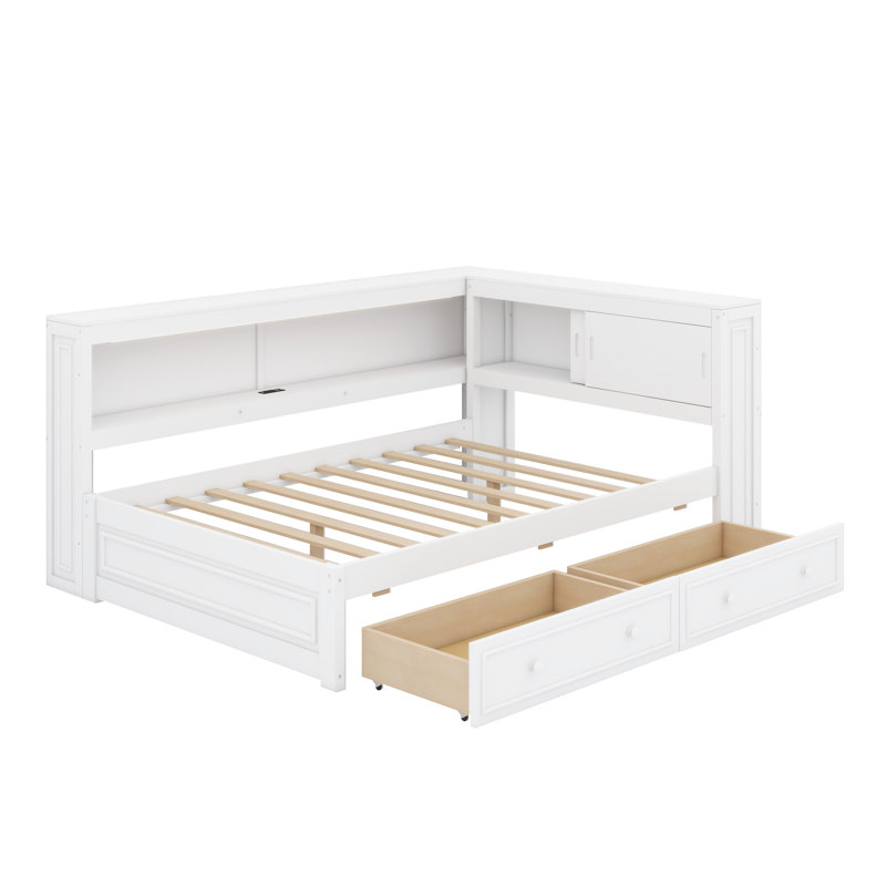 Lit de jour multifonctionnel avec tablettes de rangement intégrées, ports de chargement USB intégrés, éclairage à DEL et tiroirs pratiques